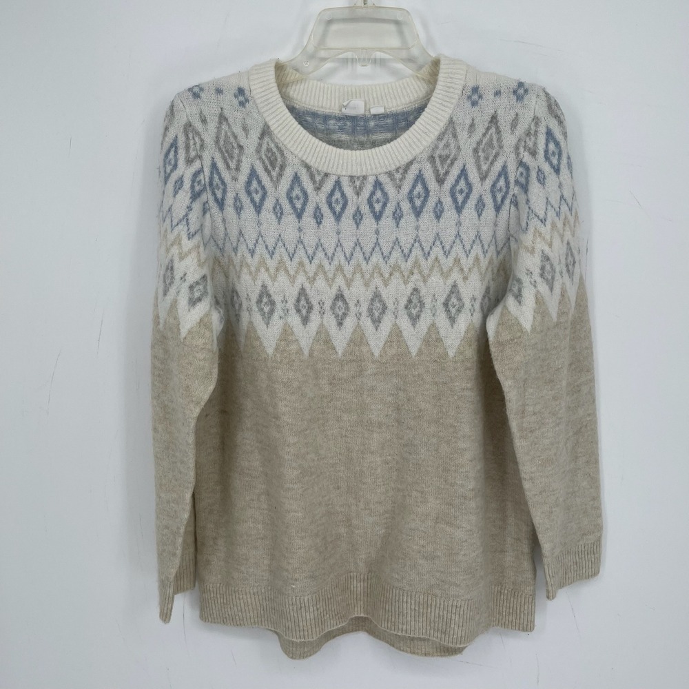 Gap Women's Beige Fair Isle Nordic Crewneck Stretch Knit Fuzzy Sweater Size M